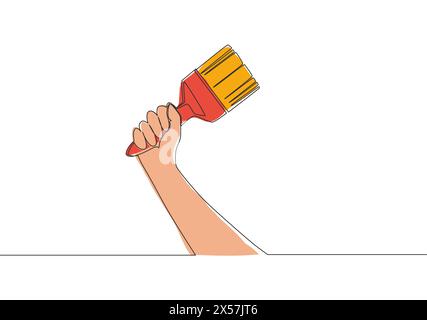 Single continuous line drawing of man holding paint brush. Handyman tools concept. One line draw vector design illustration Stock Vector