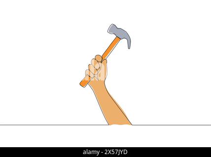 Single continuous line drawing of man holding hammer steel. Handyman tools concept. One line draw vector design illustration Stock Vector