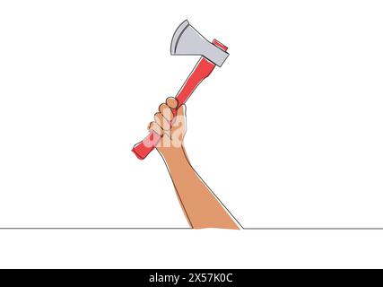 One single line drawing of man holding hand axe. Carpenter tools concept. Continuous line draw vector design illustration Stock Vector