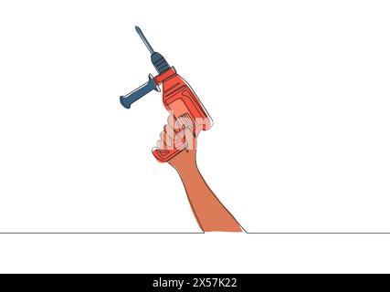 One single line drawing of man holding electric hand drill machine. Handyman tools concept. Continuous line draw vector design illustration Stock Vector