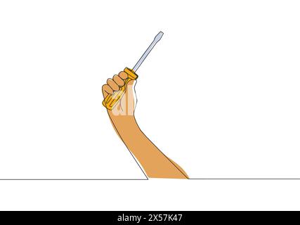 One continuous line drawing of man holding hand screwdriver. Single line draw vector design illustration Stock Vector