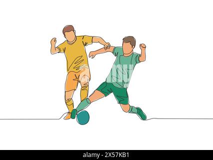 Single continuous line drawing of two football players fighting for the ball at the game. Soccer match sports concept. One line draw design vector ill Stock Vector