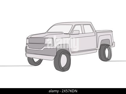 Single line drawing of tough pickup truck car. Cargo logistics carrier vehicle transportation concept. One continuous line draw design Stock Vector