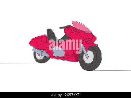 Single continuous line drawing of big sporty luxury motorbike logo. Touring motorcycle concept. One line draw design vector illustration Stock Vector