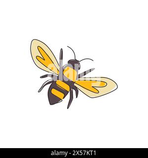 Single continuous line drawing of decorative bee for farm logo identity. Honeycomb producer icon concept from wasp animal shape. One line draw graphic Stock Vector