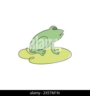 Single continuous line drawing of happy frog above lotus leaf on swamp lake for kids educational book. Cute pet animal icon concept. Dynamic one line Stock Vector