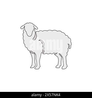 One continuous line drawing of funny cute sheep for livestock logo identity. Lamb emblem mascot concept for cattle icon. Trendy single line draw desig Stock Vector