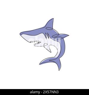One single line drawing of ruler of the sea, shark for company logo identity. Dangerous sea fish concept for ocean nature peace organization mascot. C Stock Vector