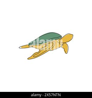 One continuous line drawing of wild sea turtle for water aquatic park logo identity. Cute ocean reptile animal mascot concept for environment organiza Stock Vector