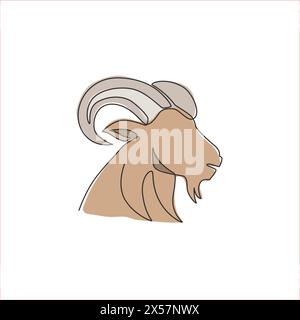 One single line drawing of funny cute goat head for stock breeding logo identity. Lamb mascot emblem concept for animal husbandry icon. Dynamic contin Stock Vector