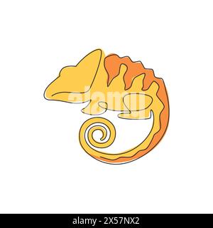 One continuous line drawing of beauty chameleon with spiral tail mascot concept for reptilian pet lover society. Exotic reptile animal for company log Stock Vector