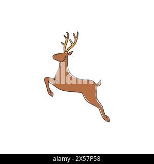 One continuous line drawing of jumping wild reindeer for national park logo identity. Elegant buck mammal animal mascot concept for nature conservatio Stock Vector