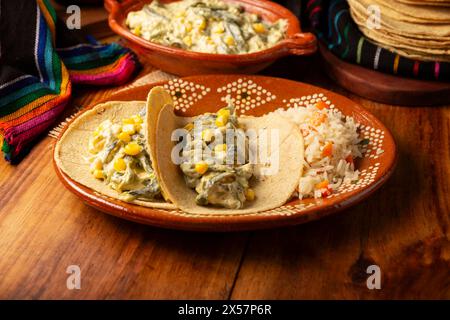 Rajas with Cream. Very popular dish in Mexico that consists of strips of poblano chili with cream, it is served as a garnish or in tacos, it is a typi Stock Photo