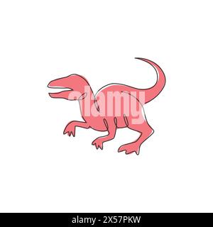 One continuous line drawing of aggressive predator velociraptor animal for logo identity. Raptor rex mascot concept for prehistoric museum icon. Singl Stock Vector