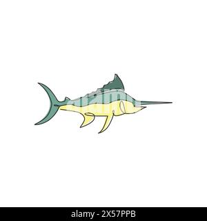 One continuous line drawing of big wild marlin for marine company logo identity. Swimming fish mascot concept for fishing competition icon. Single lin Stock Vector