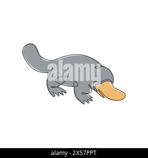 One continuous line drawing of cute platypus for logo identity. Australian mammal animal mascot concept for national conservation park icon. Modern si Stock Vector