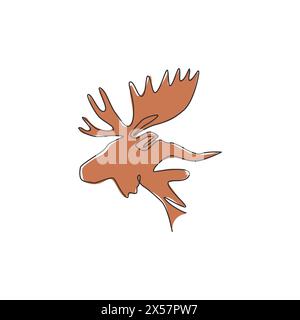 Single continuous line drawing of sturdy moose head for logo identity. Buck animal mascot concept for national zoo icon. One line draw graphic design Stock Vector