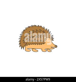 Single continuous line drawing of cute little baby hedgehog for logo identity. Funny tiny thorny mammal rodent concept for pet lover icon. Dynamic one Stock Vector