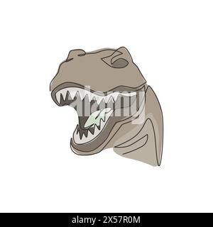 Single continuous line drawing of tyrannosaurus rex head for logo identity. Prehistoric animal mascot concept for dinosaurs theme amusement park icon. Stock Vector