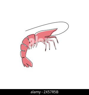 Single continuous line drawing of big shrimp for healthy seafood logo identity. Prawn mascot concept for farming cultivation icon. One line draw desig Stock Vector