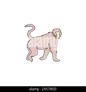 One continuous line drawing of walking baboon for conservation jungle logo identity. Primate animal mascot concept for national park icon. Modern sing Stock Vector
