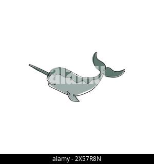 One continuous line drawing of cute narwhal with tusk for marine company logo identity. Unique narwhale mascot concept for fairy creature icon. Single Stock Vector