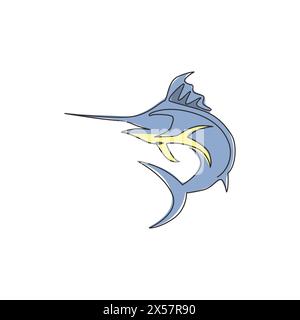 One continuous line drawing of big wild marlin for marine company logo identity. Jumping fish mascot concept for fishing competition icon. Single line Stock Vector