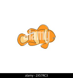 One continuous line drawing of adorable clown fish for sea water aquarium logo identity. Stripped anemonefish mascot concept for aquatic show icon. Mo Stock Vector