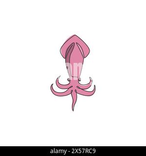 Single continuous line drawing of adorable squid for fresh sea food logo identity. Big cuttlefish animal mascot concept for Chinese restaurant icon. M Stock Vector