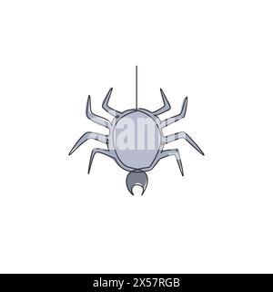 One continuous line drawing of spider pull out the web for business logo identity. Cute insect animal concept for pet lover icon. Trendy single line d Stock Vector