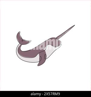 One continuous line drawing of cute narwhal with tusk for marine company logo identity. Unique narwhale mascot concept for fairy creature icon. Single Stock Vector