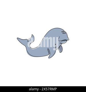 Single one line drawing of funny dugong for nautical logo identity. Sea pig or sea camel mascot concept for aquatic show icon. Modern continuous line Stock Vector