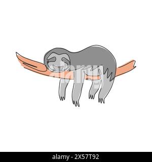 One single line drawing of lovely adorable sloth sleeping at branch tree for logo identity. Cute mammal mascot concept for zoo icon. Trendy continuous Stock Vector