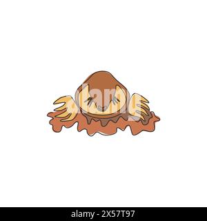 One continuous line drawing of cute lawn mole head out from ground for logo identity. Rodent animal mascot concept for pest control service icon. Mode Stock Vector