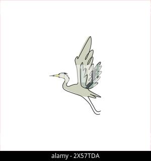 One single line drawing of beautiful flying heron for company logo identity. Long legged freshwater bird mascot concept for national zoo icon. Modern Stock Vector