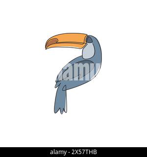 One continuous line drawing of cute toucan bird with big beak for logo identity. Exotic animal mascot concept for national conservation park icon. Sin Stock Vector