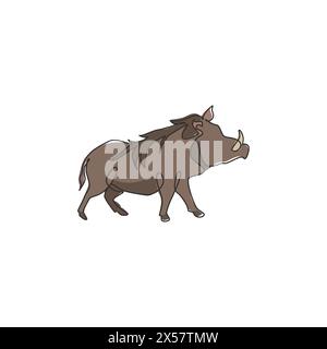 Single continuous line drawing of wild common warthog for company logo identity. Saharan Africa pig mascot concept for national conservation park icon Stock Vector