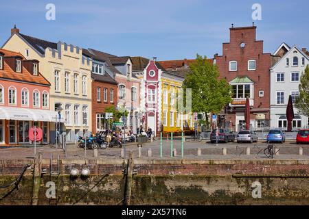 Restaurants and Oats at the harbour in Husum, Nordfriesland district, Schleswig-Holstein, Germany Stock Photo