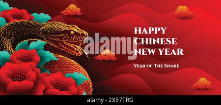 Happy Chinese new year 2025 banner design, with Snake Zodiac and peony flower illustration Stock Vector