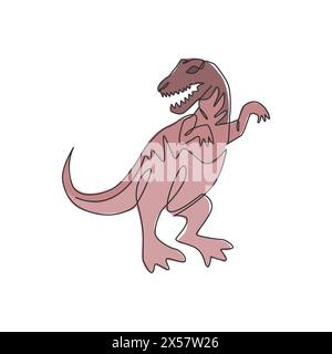 One single line drawing of furious tyrannosaurus rex for logo identity. Dino animal mascot concept for prehistoric theme park icon. Modern continuous Stock Vector