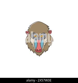 One single line drawing of exotic mandrill head for company logo identity. Largest monkey face mascot concept for national safari park icon. Modern co Stock Vector