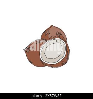 Single continuous line drawing whole and sliced healthy organic coconut for orchard logo identity. Fresh fruitage concept for fruit garden icon. Moder Stock Vector