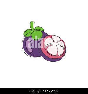 One single line drawing whole and half sliced healthy organic mangosteen for orchard logo identity. Fresh concept for fruit garden icon. Modern contin Stock Vector