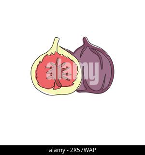 One single line drawing of whole and sliced healthy organic fig for orchard logo identity. Fresh tropical fruitage concept for fruit garden icon. Mode Stock Vector