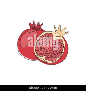 Single continuous line drawing of whole and half sliced healthy organic pomegranate for orchard logo identity. Fresh seed concept for fruit garden ico Stock Vector