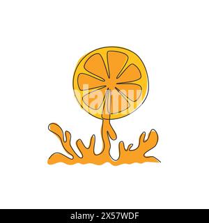Single one line drawing of sliced healthy organic orange for orchard logo identity. Fresh splashed summer fruitage concept for fruit drink icon. Moder Stock Vector