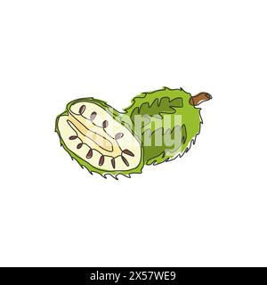 One continuous line drawing whole and sliced healthy organic soursop for orchard logo identity. Exotic fruits concept for fruit garden icon. Modern si Stock Vector