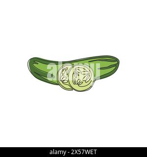 One single line drawing whole and sliced healthy organic cucumber for orchard logo identity. Fresh vegetable concept for vegan garden icon. Continuous Stock Vector