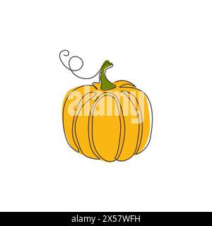 Single continuous line drawing of whole big round healthy organic pumpkin for orchard logo identity. Fresh fall fruitage concept for fruit garden icon Stock Vector