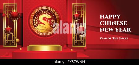 2025 Chinese New Year Banner design, Snake podium with hanging lantern vector illustration Stock Vector